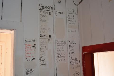 A list on the wall of the lifeguard room in the beach house shows each year's lifeguard "saves."