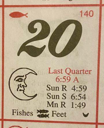 These old style calendars are packed with information. This one for May 20 indicates that the signs are in the fishes (Pisces) and feet, which means it is a good time to plant above ground plants. The last quarter indicates the moon is waning (getting smaller) and a good time to plant below ground crops like potatoes