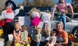 Paisley Brasher, Rosaya Jones, Hastiin Walls, Huck Brantley, Beau Brantley and Kristi Brantley at the 2024 Sharps Chapel Fall Festival Scarecrow Contest.