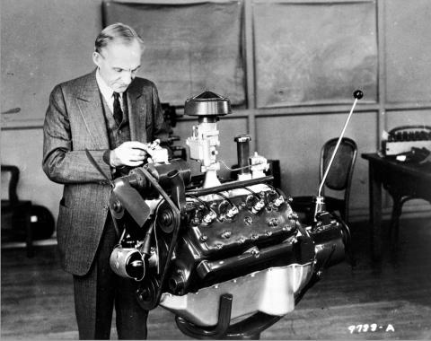 Henry Ford with the "New" Flathead V8 Engine in 1932