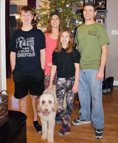 Photo by Barbara Helms; Left to Right, Eli, Denise, Kylie, and Eric Helms along with family dog Cocoa